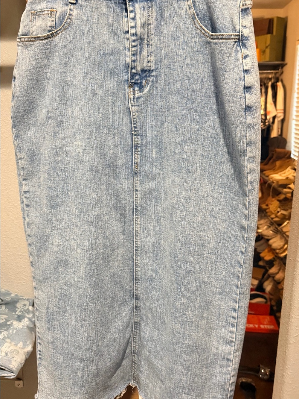 Women’s Frayed Light Blue Denim Midi Skirt